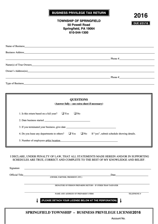 Business Privilege Tax Return Form - 2016 Printable pdf