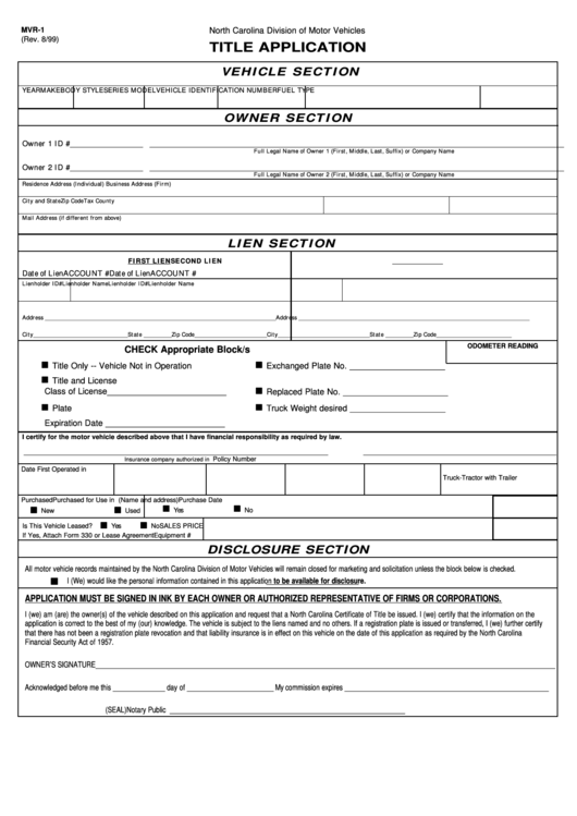 Form Mvr-1 - Title Application Printable pdf