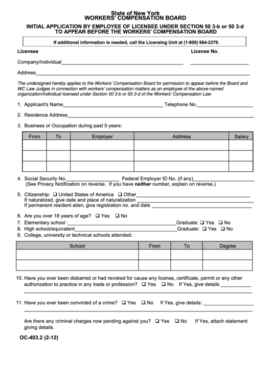 Fillable Form Oc-403.2 - Initial Application By Employee Of Licensee Printable pdf