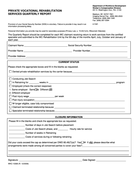 Form Wkc-10369 - Private Vocational Rehabilitation Services Quarterly Report Printable pdf