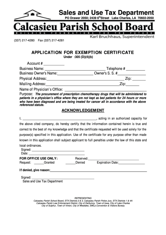 Application For Exemption Certificate - Lake Charles, La