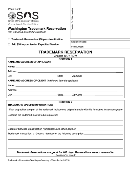 Fillable Wasington Trademark Reservation Form Printable pdf
