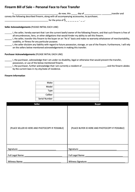 Firearm Bill Of Sale Form - Personal Face To Face Transfer
