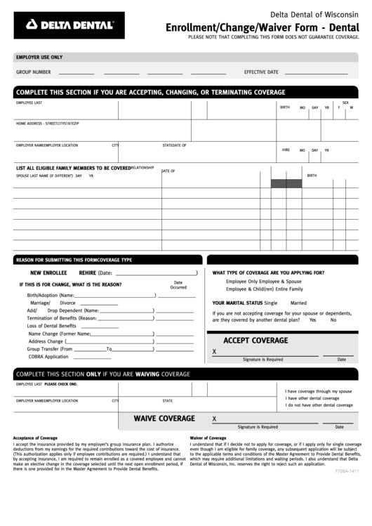Fillable Enrollment/change/waiver Form - Delta Dental Of Wisconsin printable pdf download
