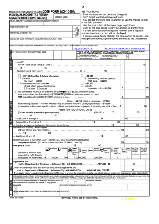Fillable Form Mo-1040a - Individual Income Tax Return Single/merried (One Income) - 2006 Printable pdf