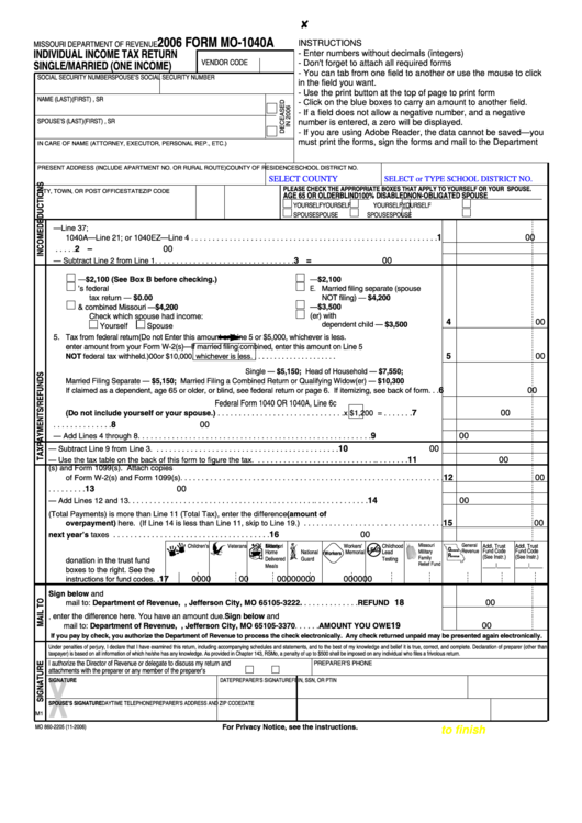 Fillable Form Mo 1040a Individual Income Tax Return Single merried 