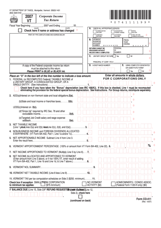 Form Co-411 - Corporate Income Tax Return 2007 Printable pdf