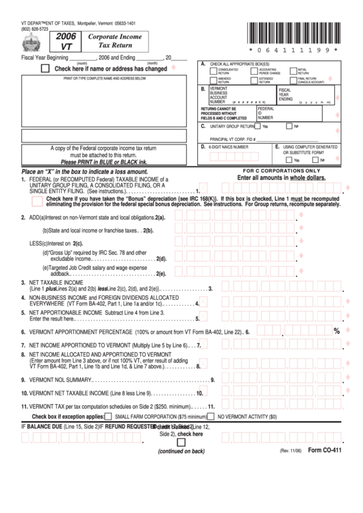 Form Co-411 - Corporate Income Tax Return - 2006 Printable pdf