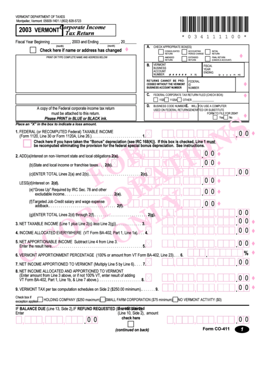 Form Co-411 Draft - Corporate Income Tax Return - 2003 Printable pdf