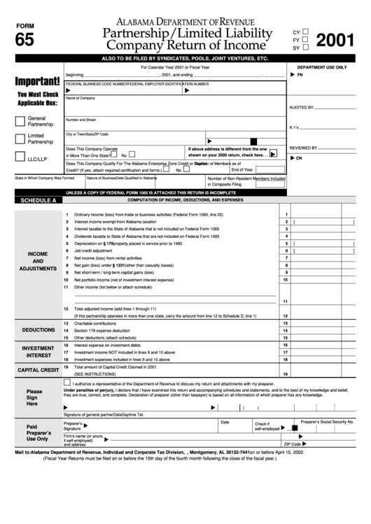 Form 65 - Partnership/limited Liability Company Return Of Income - 2001 Printable pdf