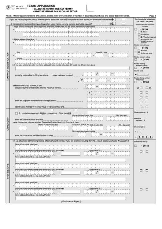 Form Ap-100-2 - Sales Tax Permit/use Tax Permit/mixed Beverage Tax Account Set-Up Printable pdf