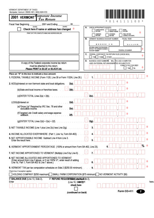 Form Co-411 - Corporate Income Tax Return - 2001 Printable pdf