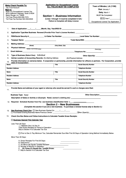Fillable Application For Occupational License Town Of Minden, La