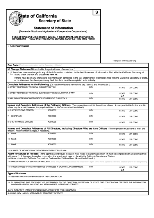 Fillable Form Si-200 N/c - Statement Of Information (Domestic Stock And Agricultural Cooperative Corporations) - 2010 Printable pdf