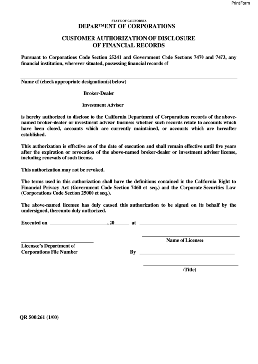 Fillable Form Qr 500.261 Customer Authorization Of Disclosure Of Financial Records - California Department Of Corporations Printable pdf