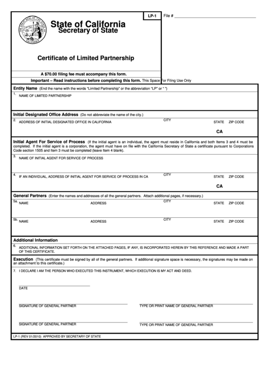 Fillable Form Lp 1 Certificate Of Limited Partnership printable pdf