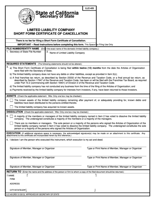 Fillable Form Llc-4/8 - Limited Liability Company Short Form Certificate Of Cancellation Printable pdf