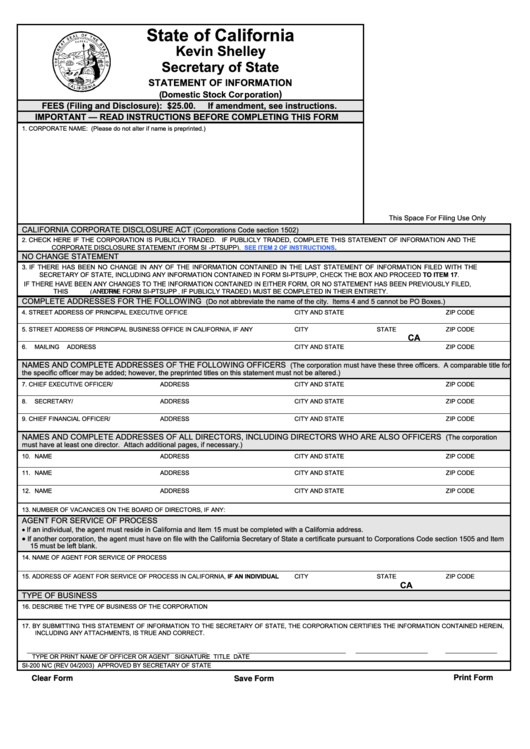 Fillable Form Si-200 N/c - Statement Of Information (Domestic Stock Corporation) - 2003 Printable pdf
