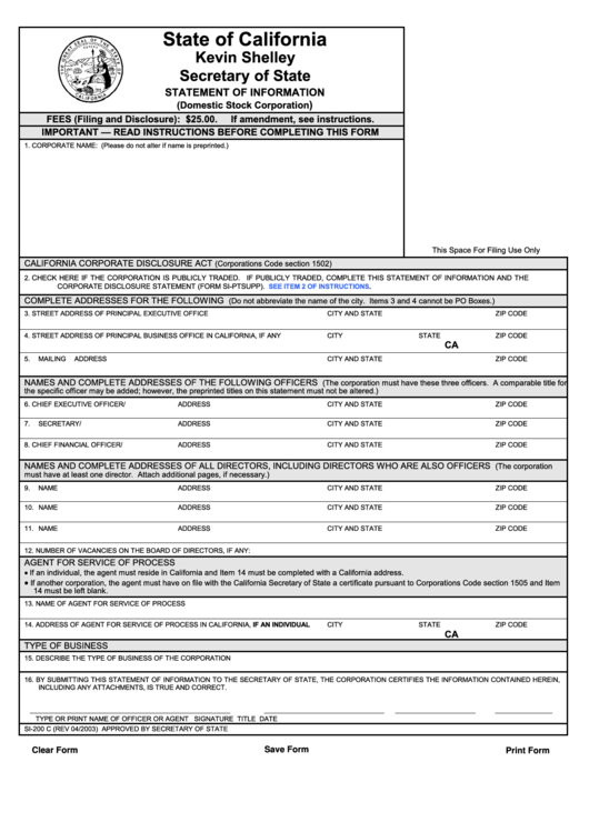 Fillable Form Si-200 C - Statement Of Information (Domestic Stock Corporation) - 2003 Printable pdf