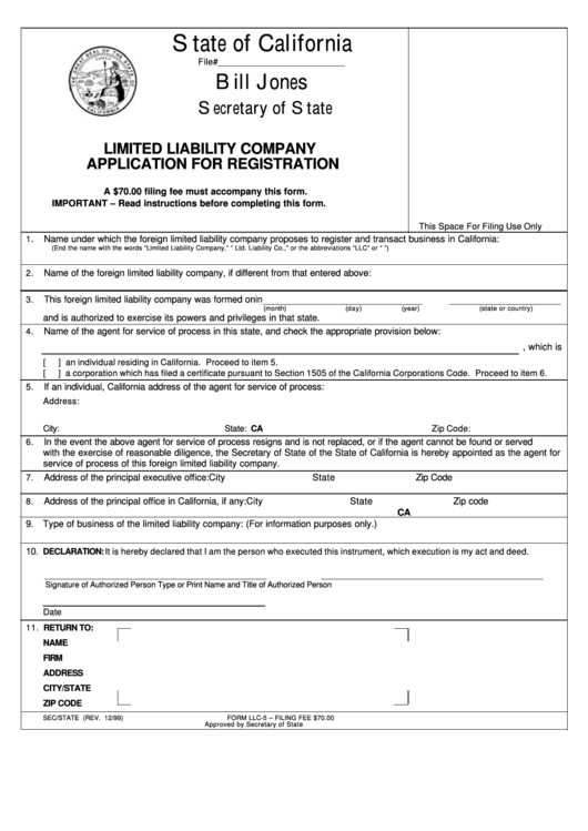 Form Llc-5 Limited Liability Company Application For Registration Printable pdf
