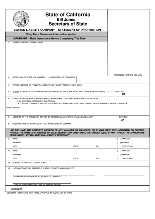 Fillable Form Llc-12 Limited Liability Company - Statement Of Information - 1999 Printable pdf