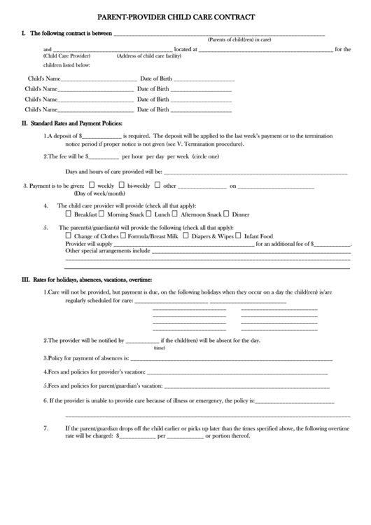 Parent-Provider Child Care Contract Form Printable pdf