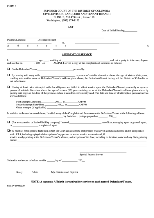 Form Cv-2070 Affidavit Of Service For Landlord And Tenant Branch Printable pdf