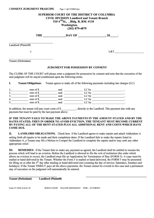 Fillable Form Cv-3024 Consent Judgment Praecipe Printable pdf