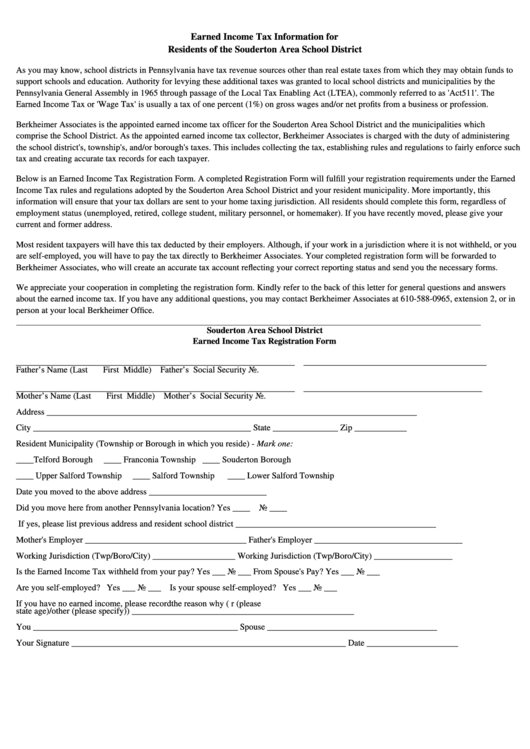 Fillable Souderton Area School District Earned Income Tax Registration Form Printable pdf