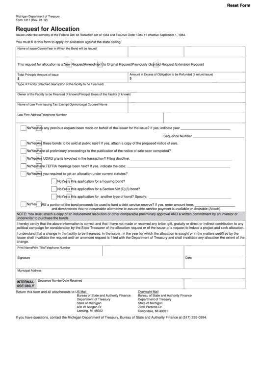 Fillable Form 1411 - Request For Allocation - Michigan Department Of Treasury Printable pdf