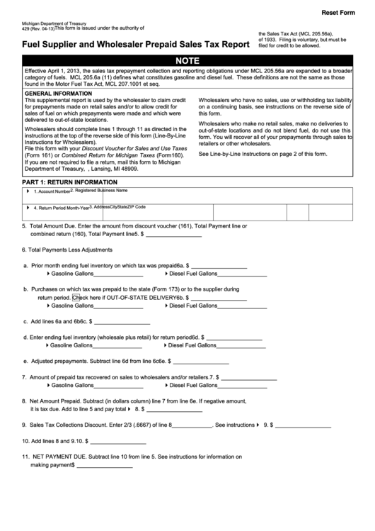 Fillable Form 429 - Fuel Supplier And Wholesaler Prepaid Sales Tax Report - Michigan Department Of Treasury Printable pdf