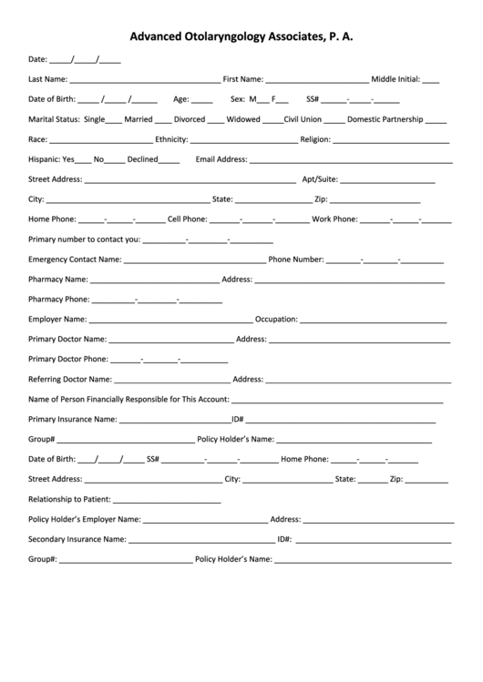 Advanced Otolaryngology Associates Patient Registration Form printable ...