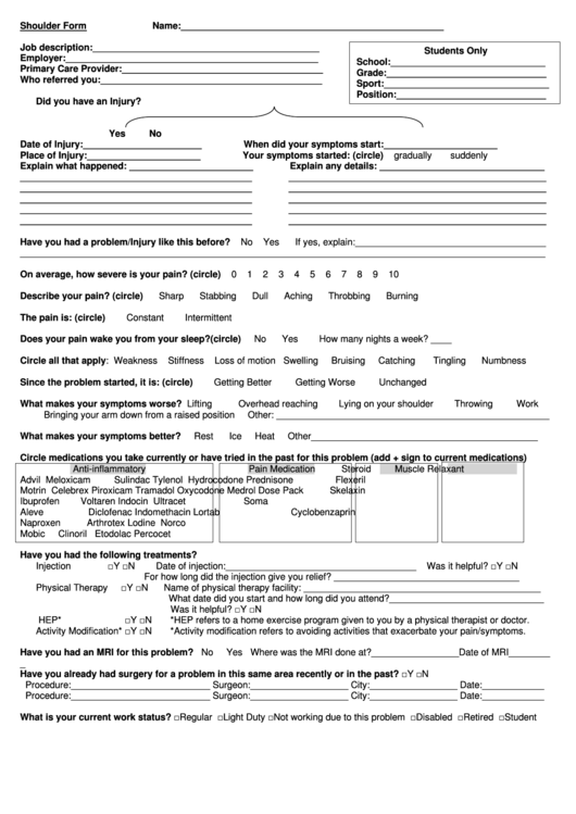Shoulder Patient Intake Form Printable pdf