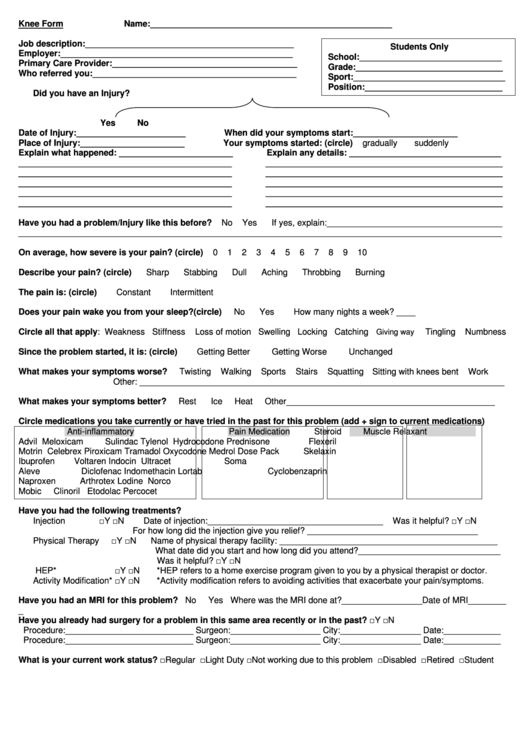 Knee Patient Intake Form Printable pdf