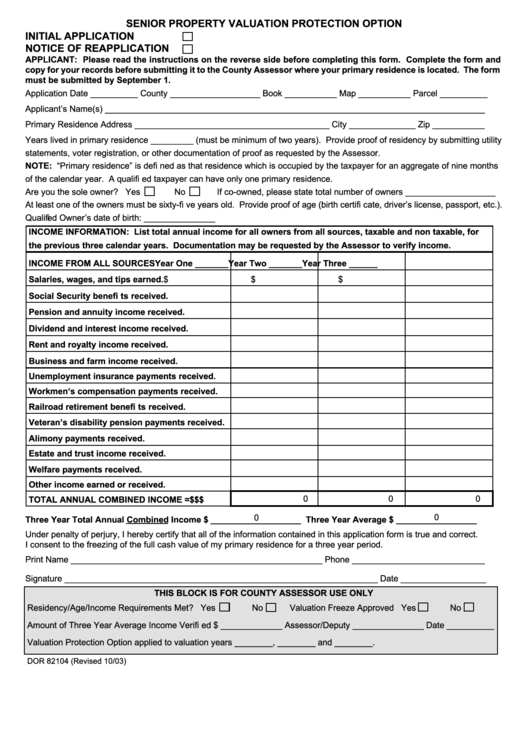 Form Dor 82104 Senior Property Valuation Protection Option With Instructions - 2003 Printable pdf