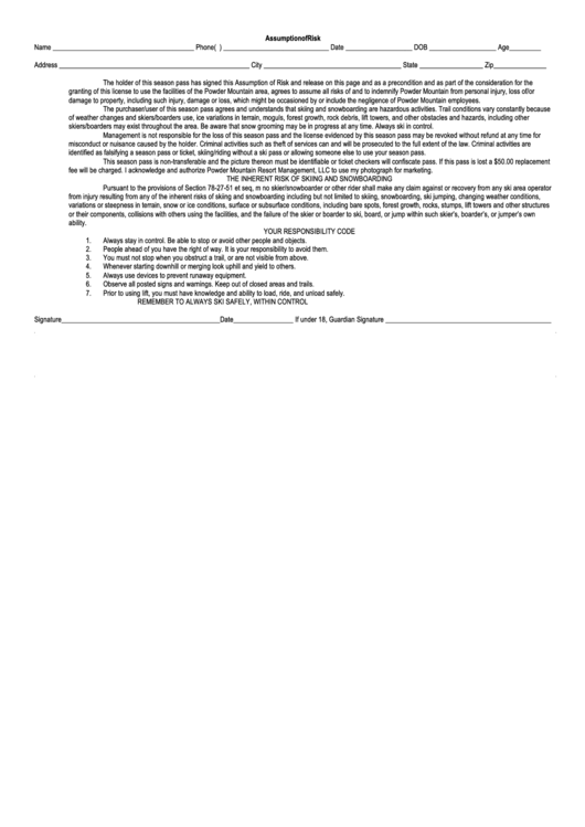 Assumption Of Risk Form Printable pdf
