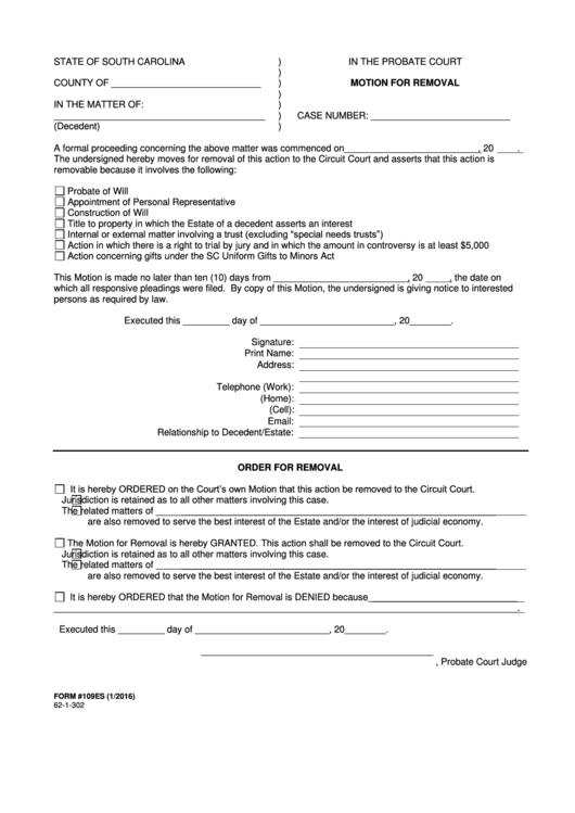 Form 109es - Motion For Removal Printable pdf