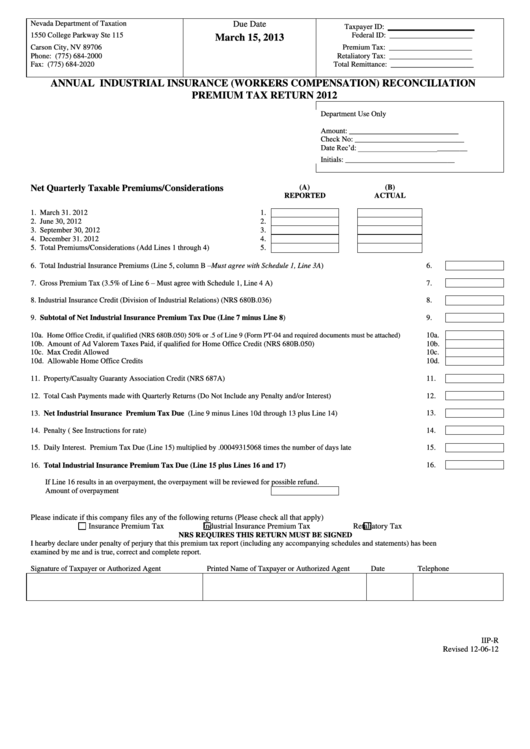 Form Iip-R - Annual Industrial Insurance (Workers Compensation) Reconciliation Premium Tax Return - 2012 Printable pdf