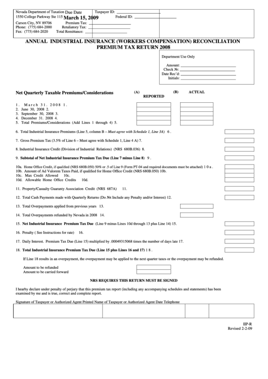 Form Iip-R - Annual Industrial Insurance (Workers Compensation) Reconciliation Premium Tax Return - 2008 Printable pdf