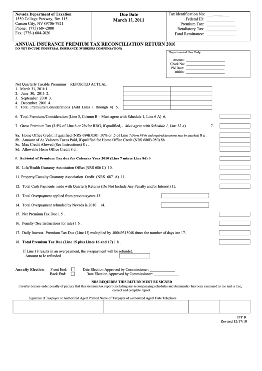 Form Ipt-R - Annual Insurance Premium Tax Reconciliation Return 2010 Printable pdf