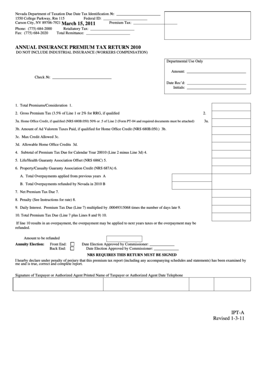 Form Ipt-A - Annual Insurance Premium Tax Return 2010 Printable pdf
