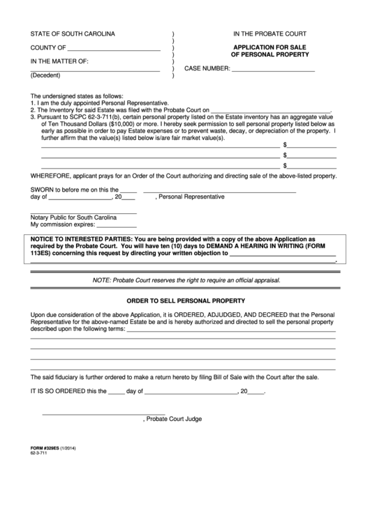 Form #329es - Application For Sale ) Of Personal Property - 2014 Printable pdf