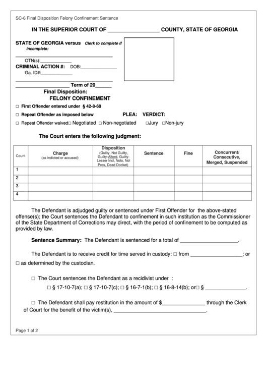 Form Sc-6 - Final Disposition Felony Confinement Printable pdf