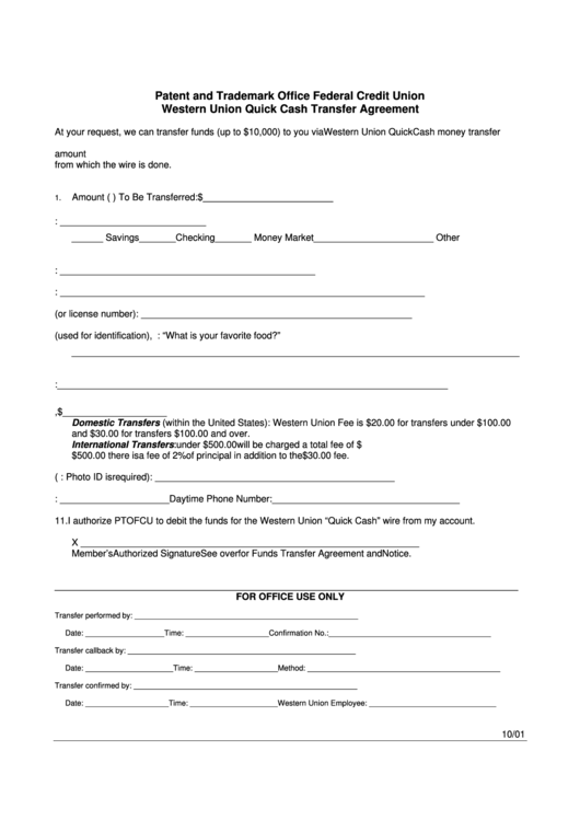 Fillable Western Union Quick Cash Transfer Agreement Form Printable Pdf Download