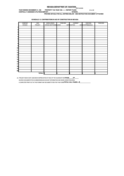 Fillable Form Wce16jan98 Schedule 12: Contributions In Aid Of Construction In Nevada Printable pdf