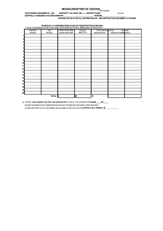 Fillable Form Wce16jan98 - Schedule 14 - Contributions In Aid Of Construction In Nevada Printable pdf