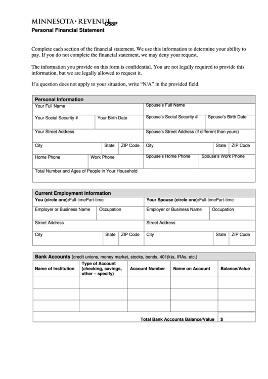 Form C58p Personal Financial Statement - Minnesota Department Of Revenue Printable pdf