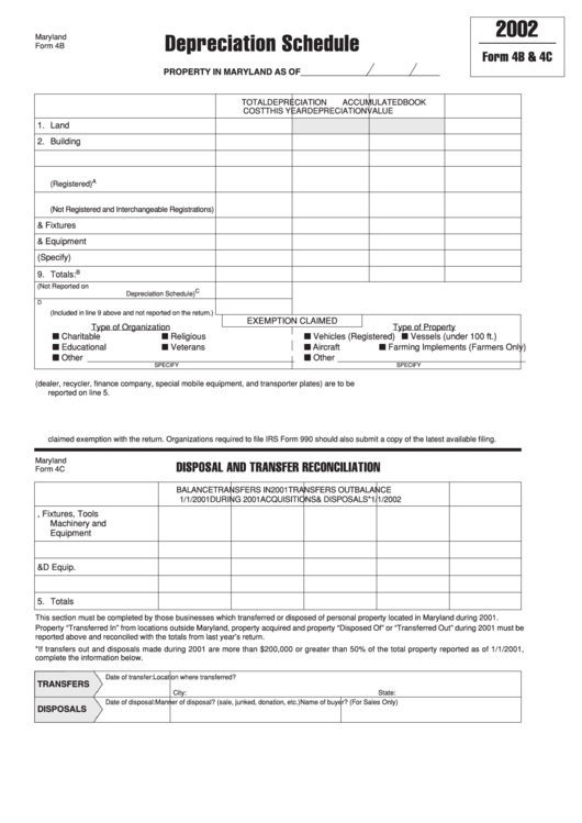 Maryland Form 4b & 4c - Depreciation Schedule - 2002 Printable pdf