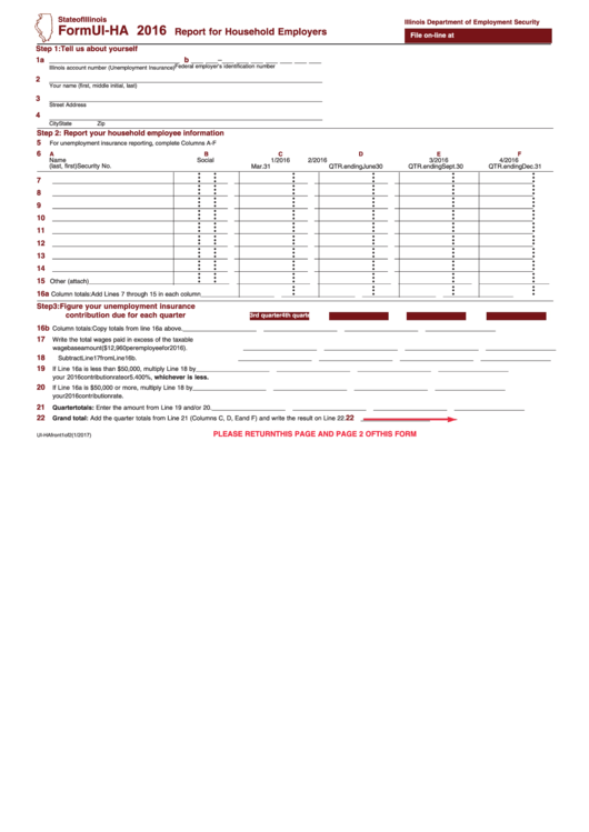 Fillable Form Ui-Ha - Report For Household Employers - 2016 Printable pdf