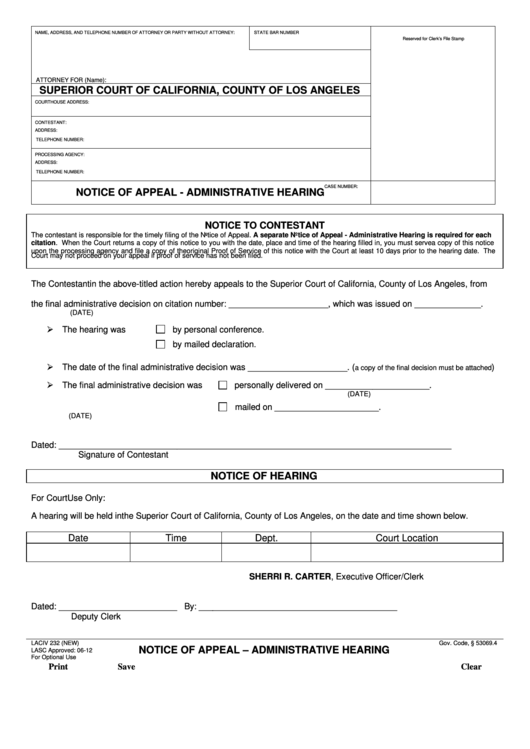 Fillable Form Laciv 232 Notice Of Appeal - Administrative Hearing Printable pdf